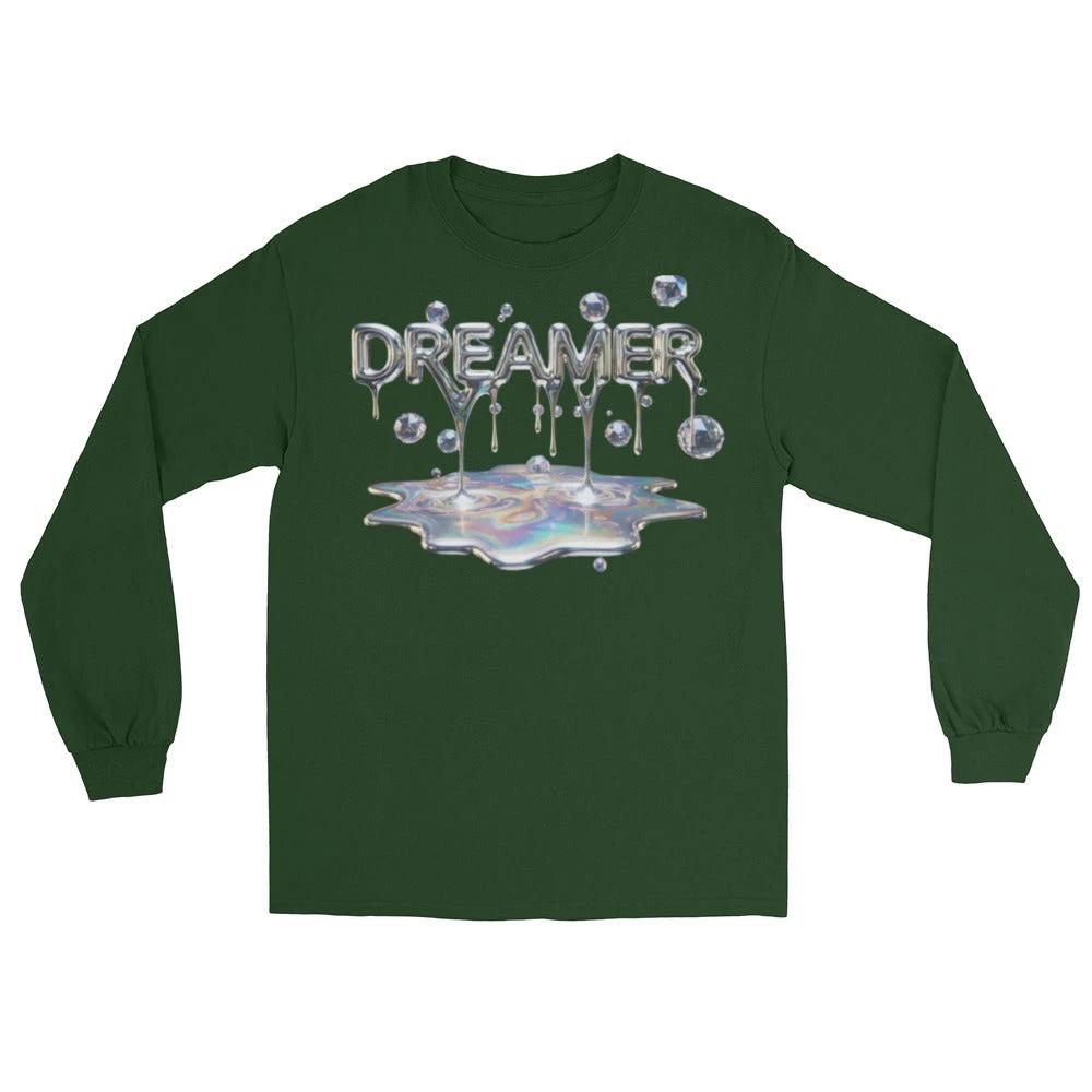 Dreamer Mind long sleeve shirt in green with metallic DREAMER lettering dripping over an iridescent puddle.