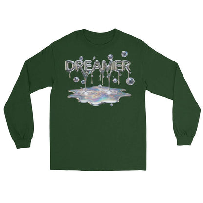 Dreamer Mind long sleeve shirt in green with metallic DREAMER lettering dripping over an iridescent puddle.