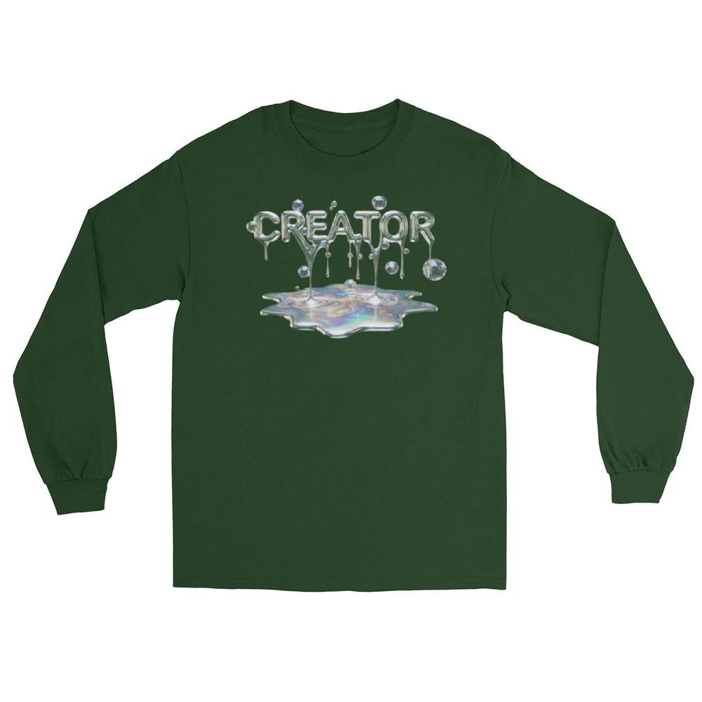 Creator Mind Cinematic long sleeve shirt with dripping silver CREATOR over an iridescent puddle on forest green fabric.