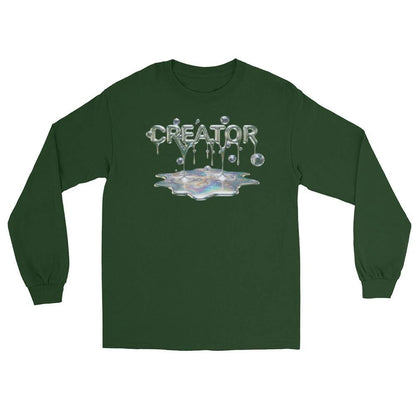 Creator Mind Cinematic long sleeve shirt with dripping silver CREATOR over an iridescent puddle on forest green fabric.