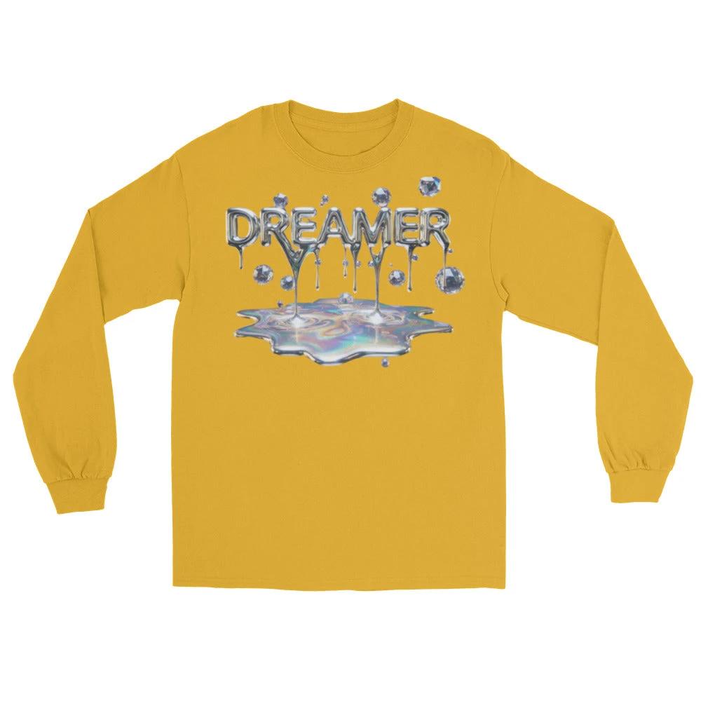 Dreamer Mind Cinematic Long Sleeve mustard-yellow shirt with metallic DREAMER text and iridescent splash