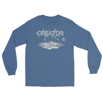Blue long-sleeve shirt featuring Creator Mind cinematic logo with metallic-drip lettering and iridescent puddle graphic.