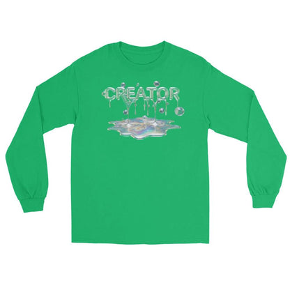 Green cinematic long-sleeve shirt with glossy CREATOR MIND logo above a reflective puddle.