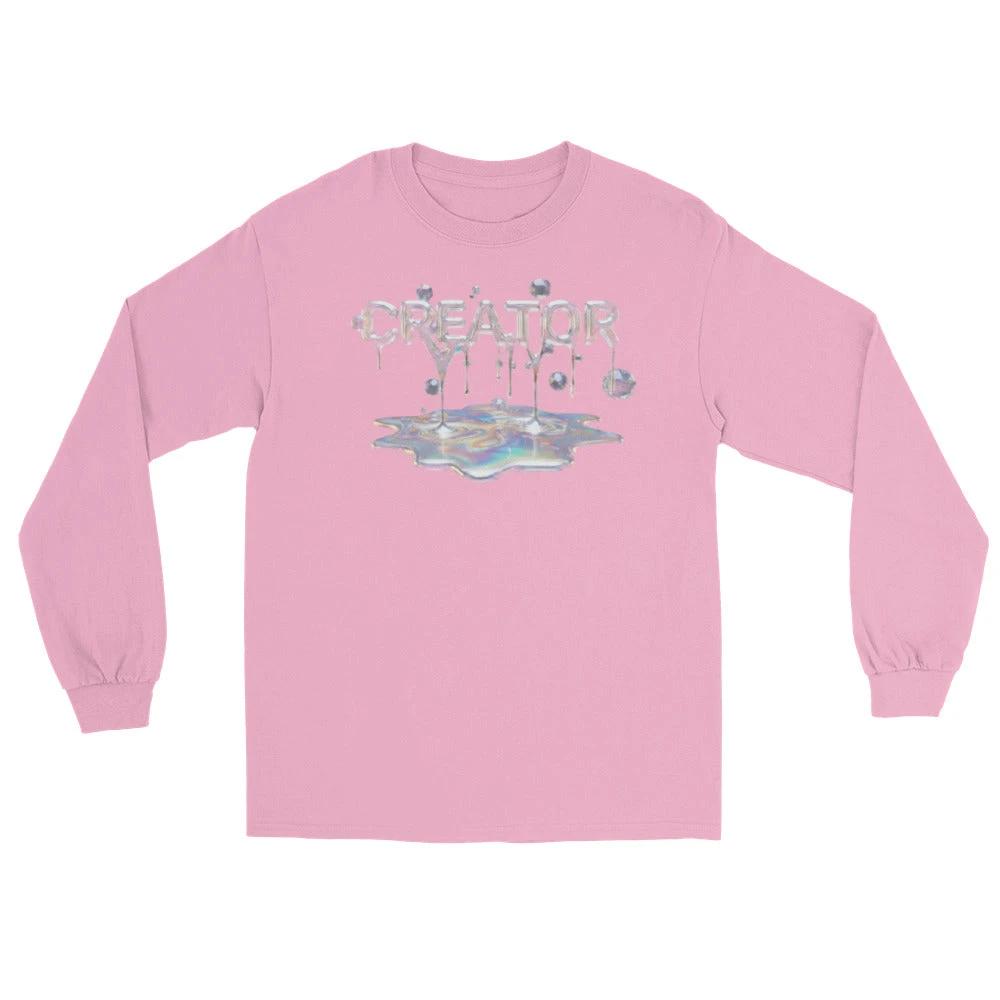Pink Creator Mind Cinematic Long Sleeve with metallic dripping graphic.