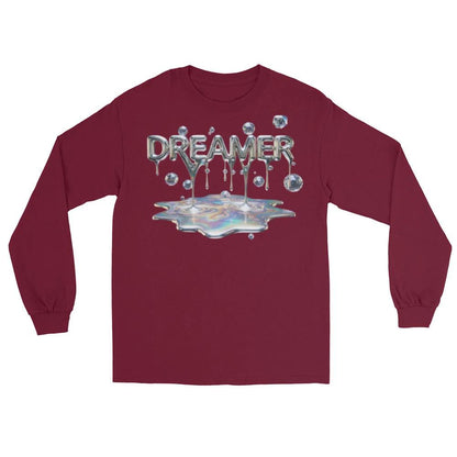 Dreamer Mind Cinematic long sleeve shirt featuring melting metallic DREAMER text above an iridescent puddle