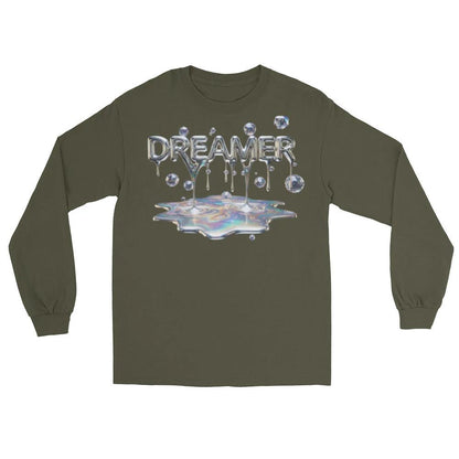 Dreamer Mind cinematic long sleeve on olive with iridescent puddle and dripping DREAMER text graphic.