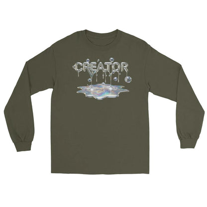 Olive Creator Mind Cinematic Long Sleeve shirt with metallic dripping text and iridescent puddle graphic.