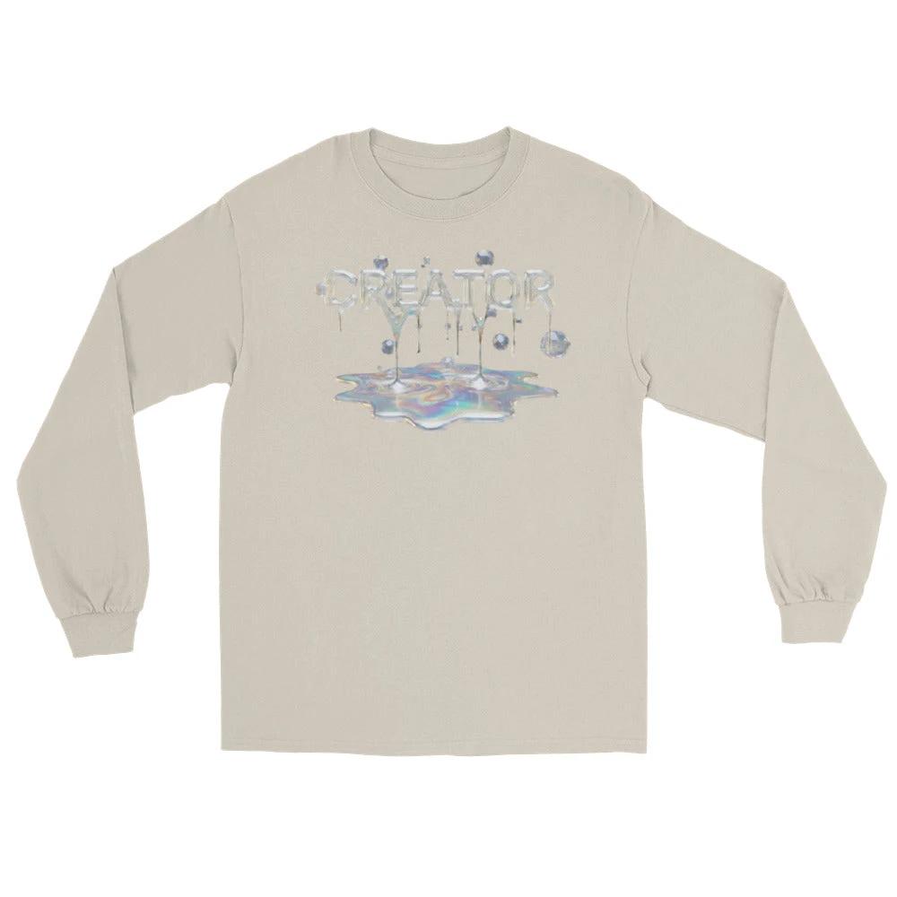 Beige Cinematic Long Sleeve shirt with iridescent CREATOR MIND graphic and melting puddle design.