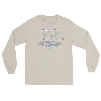 Beige Cinematic Long Sleeve shirt with iridescent CREATOR MIND graphic and melting puddle design.