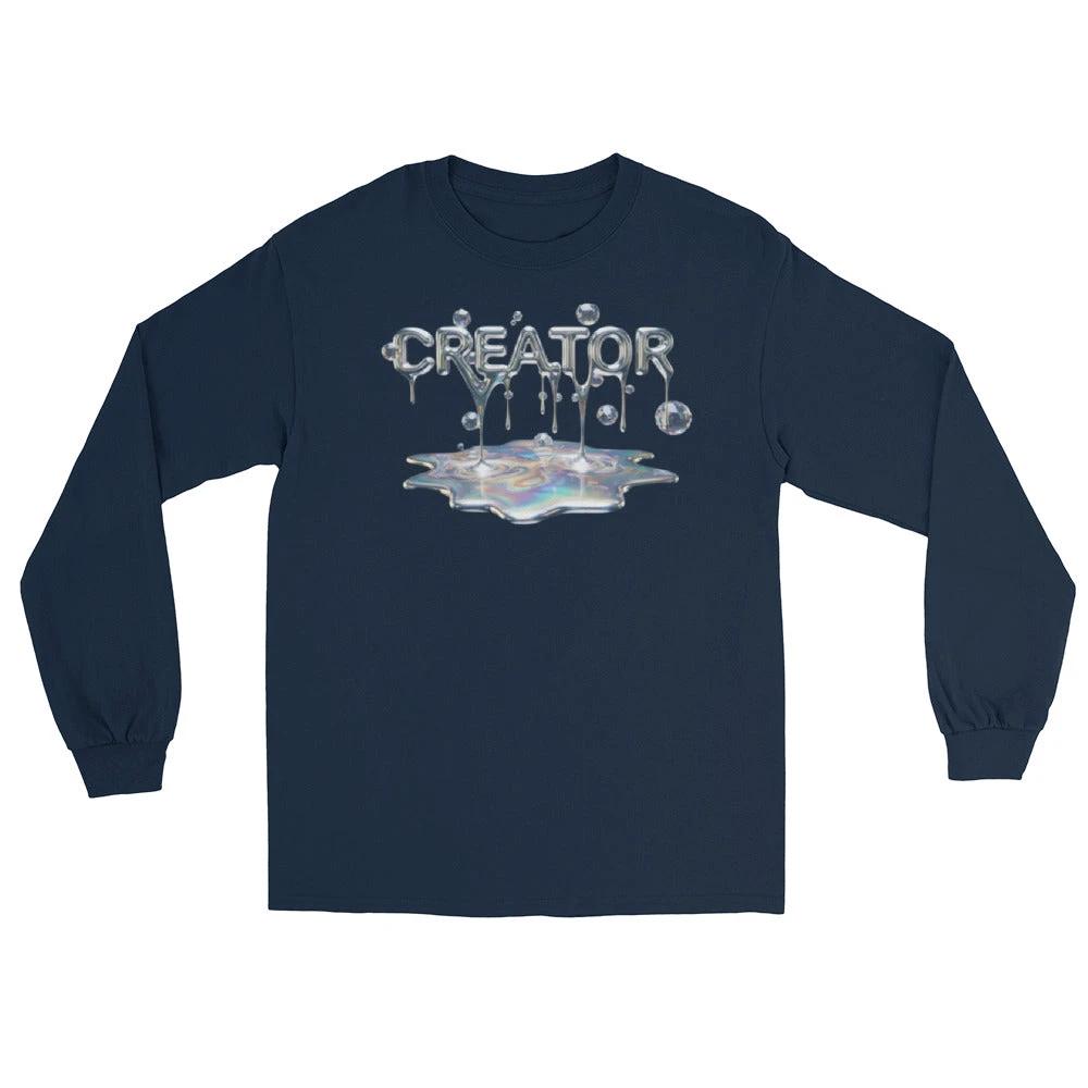 Creator Mind Cinematic Long Sleeve by Quinton Stocton Photography: navy shirt with dripping metallic logo over puddle