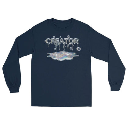 Creator Mind Cinematic Long Sleeve by Quinton Stocton Photography: navy shirt with dripping metallic logo over puddle