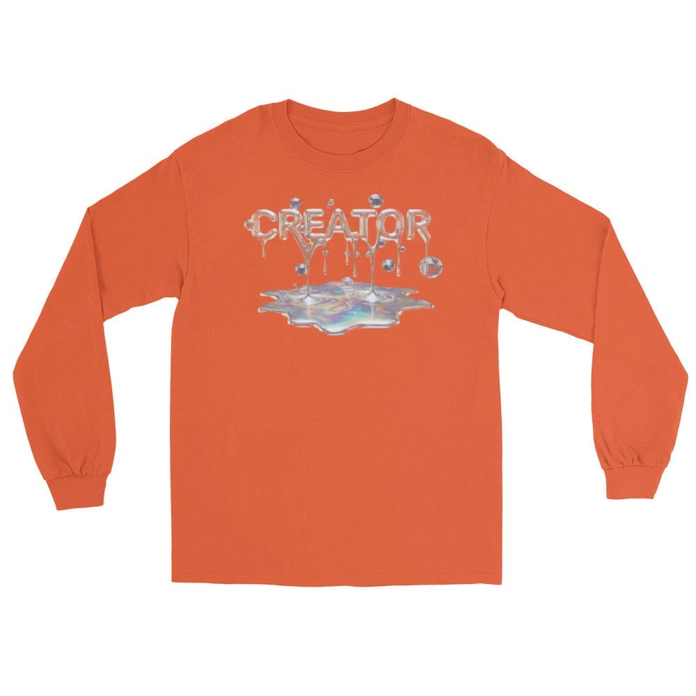 Orange Creator Mind Cinematic Long Sleeve shirt featuring glossy, reflective 'CREATOR' graphic.