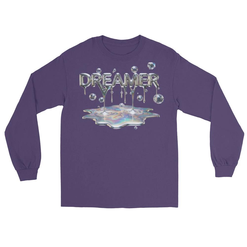 Dreamer Mind – Cinematic Long Sleeve, shirt with metallic DREAMER text and dripping droplets over holographic pool.