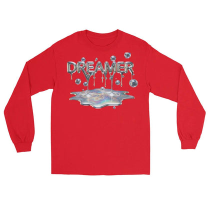 Red long-sleeve shirt with metallic DREAMER lettering dripping onto a rainbow-iridescent puddle.