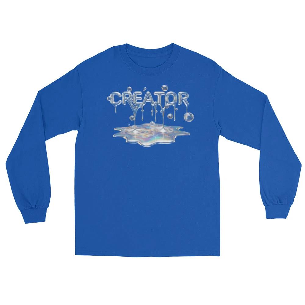 Creator Mind Cinematic Long Sleeve by Quinton Stocton Photography: blue shirt with dripping CREATOR MIND over puddle.