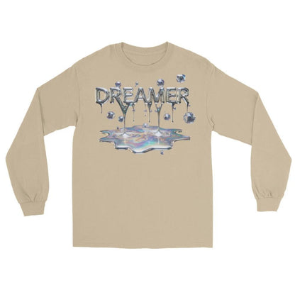 Dreamer Mind Cinematic Long Sleeve on beige fabric with DREAMER chrome dripping letters over an iridescent puddle.