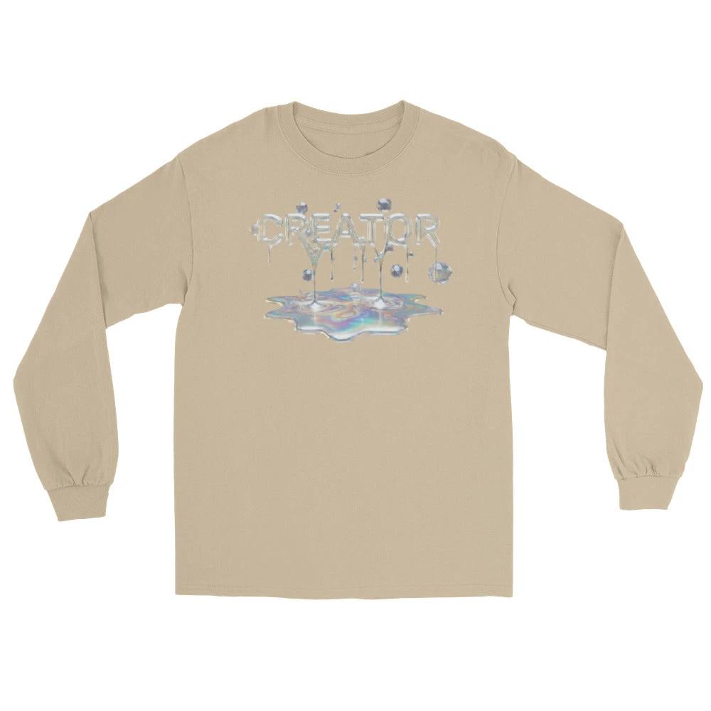 Creator Mind Cinematic Long Sleeve by Quinton Stocton Photography on beige shirt with iridescent Creator Mind graphic.