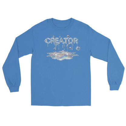 Blue Creator Mind Cinematic Long Sleeve with dripping lettering above a holographic puddle design.