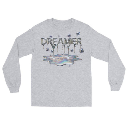 Dreamer Mind Cinematic Long Sleeve shirt with dripping metallic DREAMER text over an iridescent puddle.