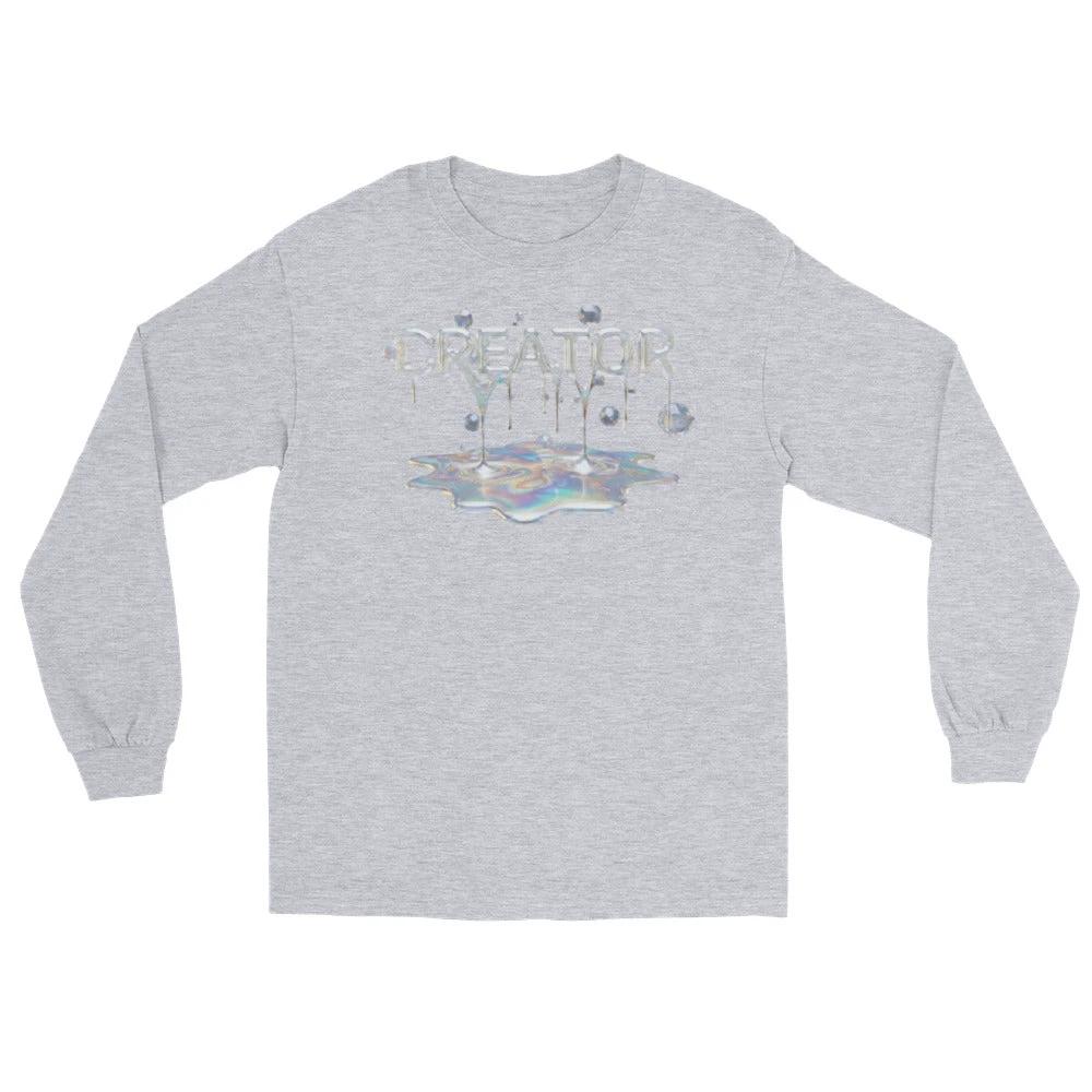 Creator Mind Cinematic Long Sleeve by Quinton Stocton Photography with holographic CREATOR MIND on gray fabric.