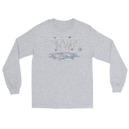 Creator Mind Cinematic Long Sleeve by Quinton Stocton Photography with holographic CREATOR MIND on gray fabric.
