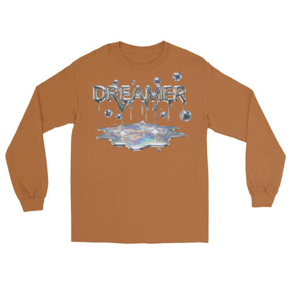 Brown long-sleeve shirt with iridescent DREAMER lettering dripping above a reflective splash.
