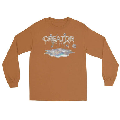Creator Mind – Cinematic Long Sleeve by Quinton Stocton Photography: orange shirt with dripping CREATOR above puddle
