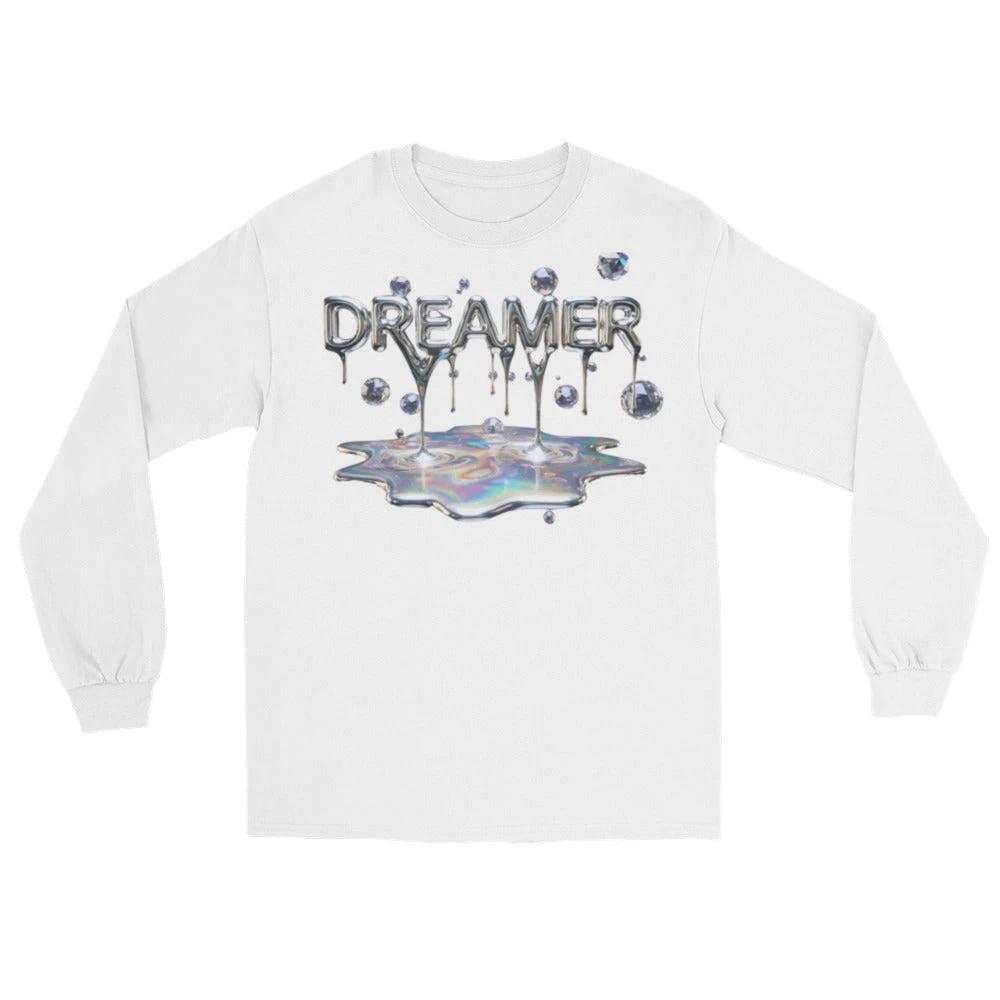 Dreamer Mind Cinematic Long Sleeve: white shirt with iridescent 'DREAMER' lettering dripping into a reflective puddle.