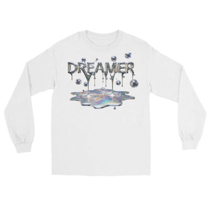 Dreamer Mind Cinematic Long Sleeve: white shirt with iridescent 'DREAMER' lettering dripping into a reflective puddle.