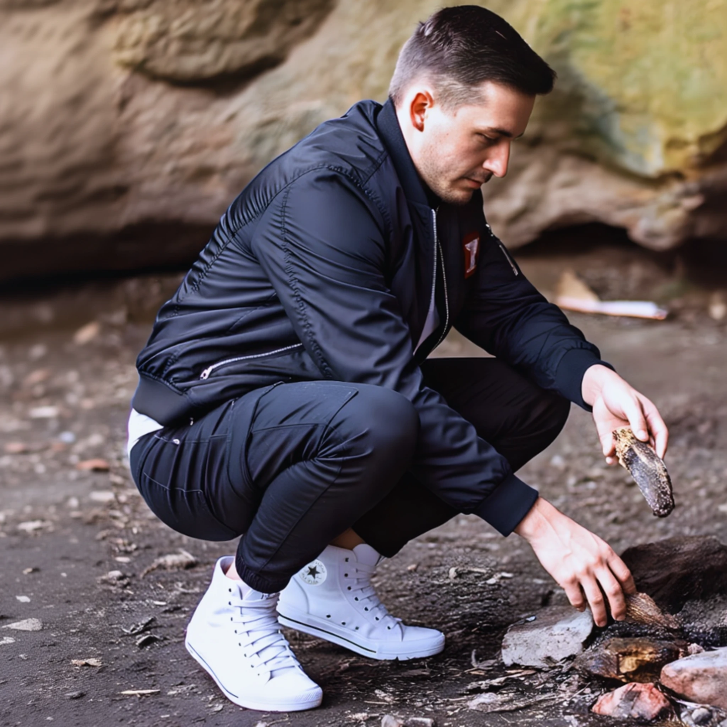 Man in dark jacket and white sneakers examining rocks in a natural setting