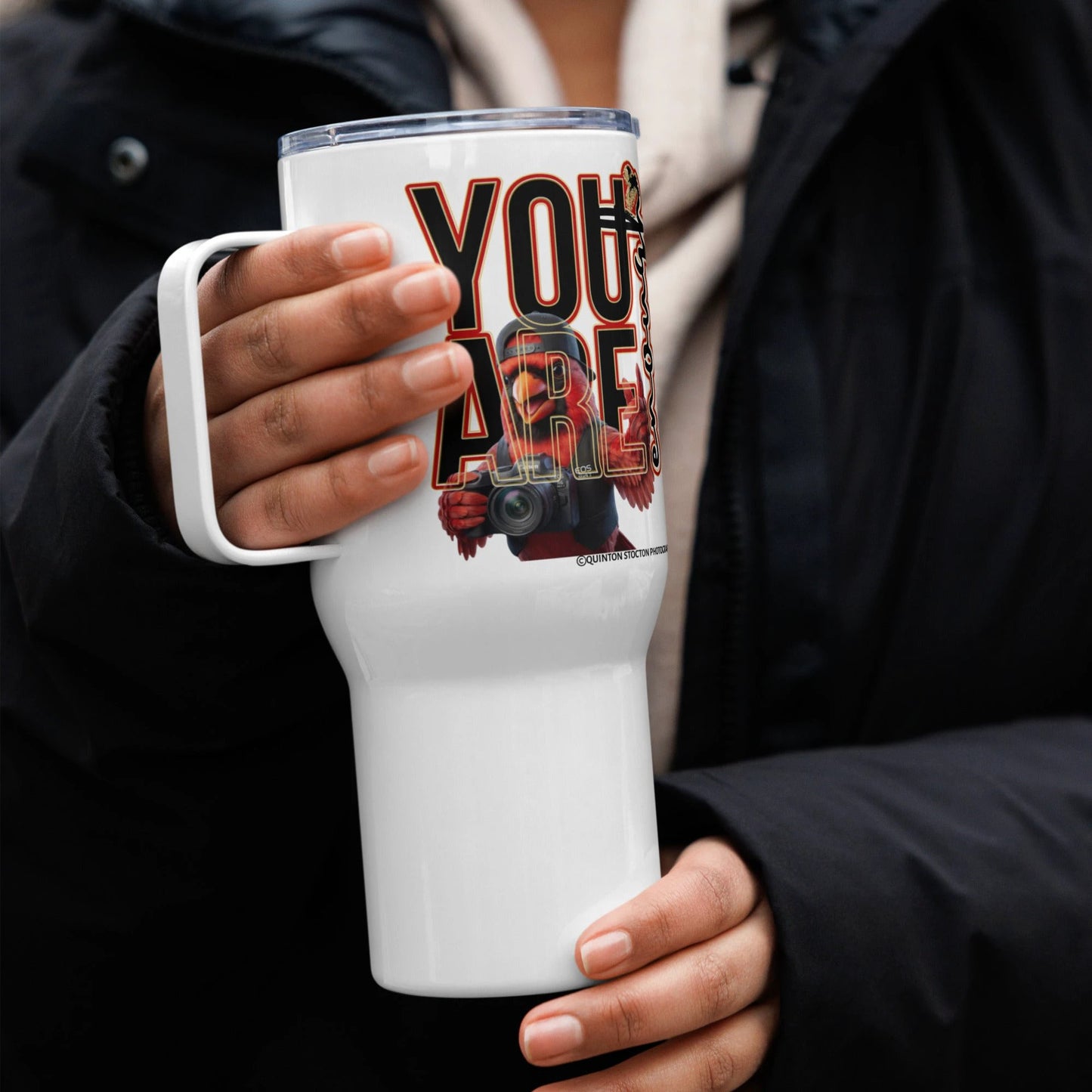 You Are Enough affirmation insulated mug by Quinton Stocton; white stainless steel, BPA-free, spillproof lid.
