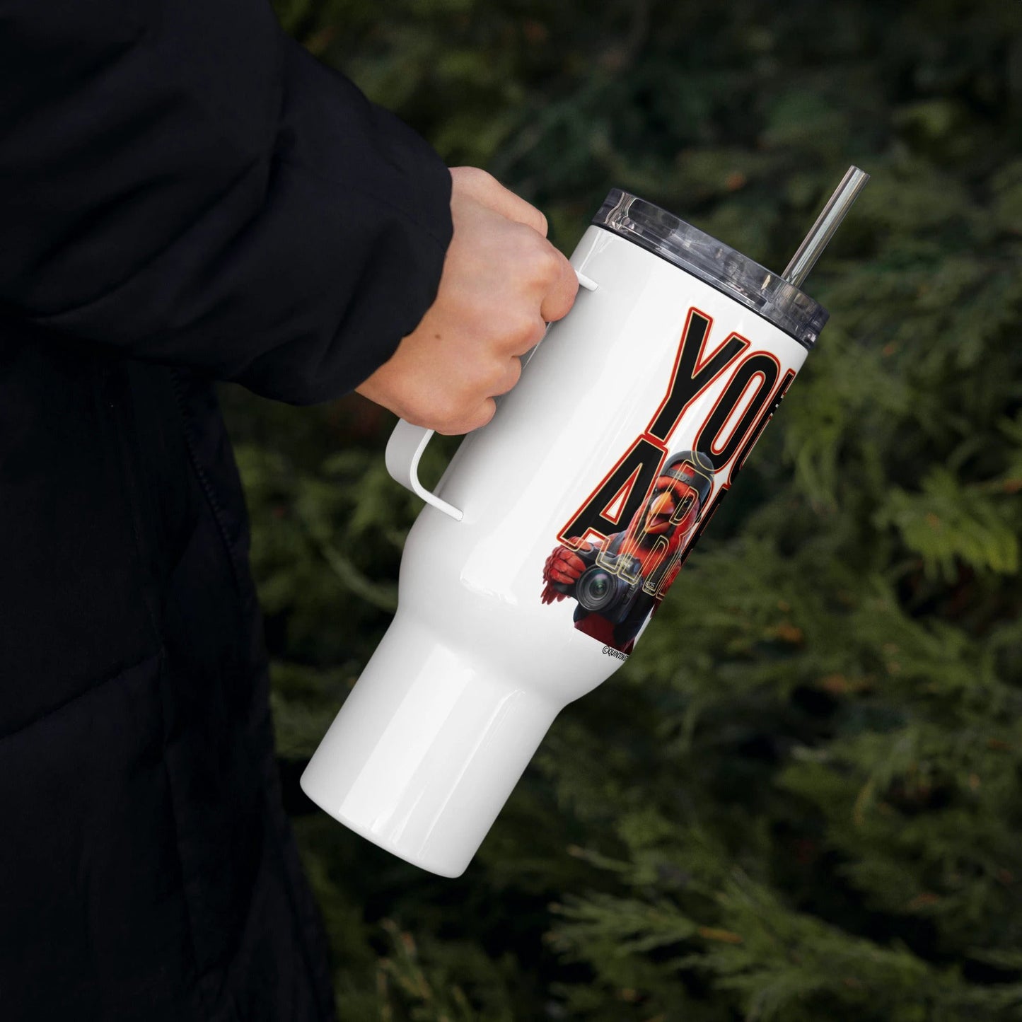 White insulated mug with 'You Are Enough' affirmation by Quinton Stocton Photography, spillproof lid, handheld