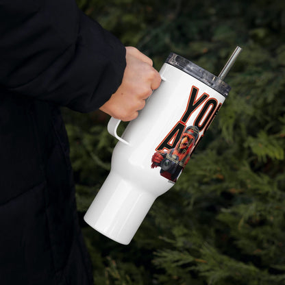 White insulated mug with 'You Are Enough' affirmation by Quinton Stocton Photography, spillproof lid, handheld