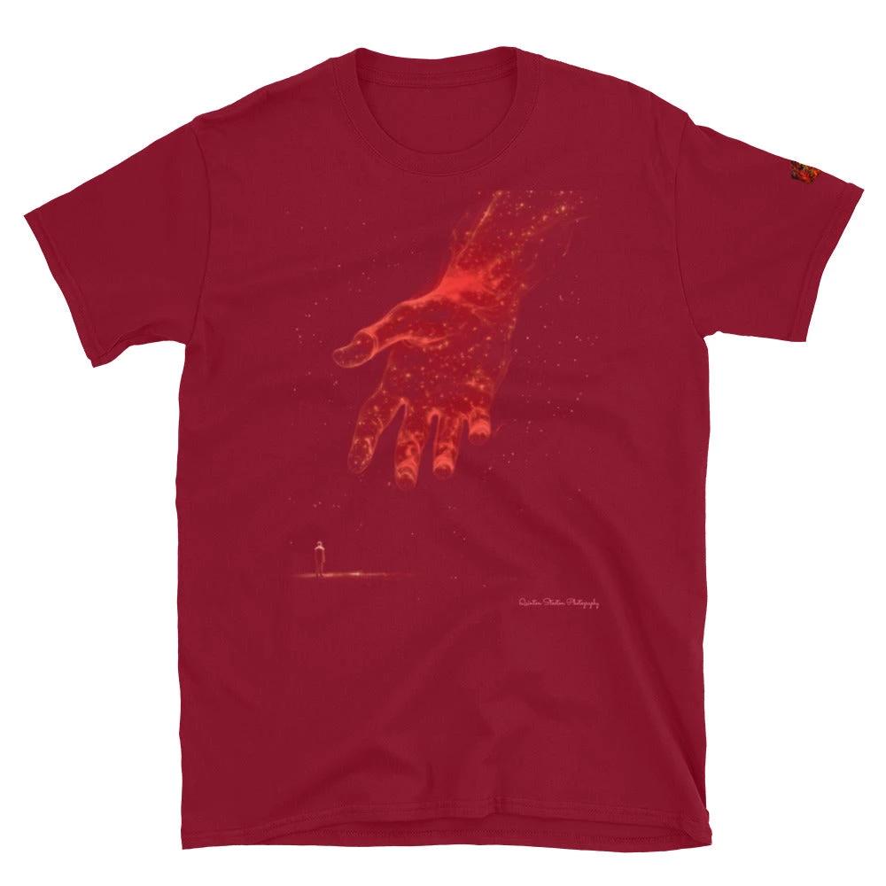 The Reach Cinematic Art T-Shirt by Quinton Stocton Photography: a glowing red hand reaching over a lone figure.