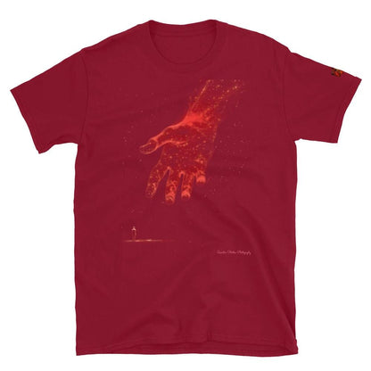 The Reach Cinematic Art T-Shirt by Quinton Stocton Photography: a glowing red hand reaching over a lone figure.