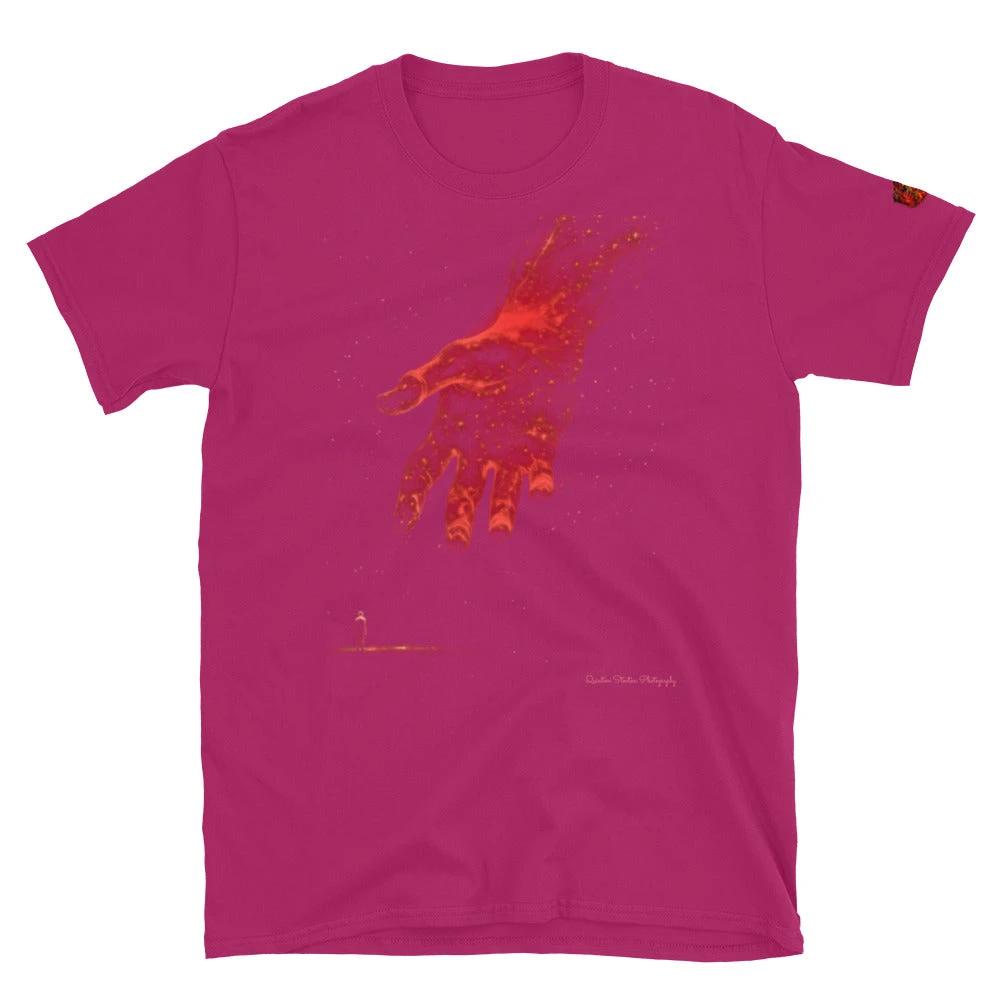 The Reach Cinematic Art T-Shirt by Quinton Stocton Photography: magenta tee with a glowing orange hand reaching forward.
