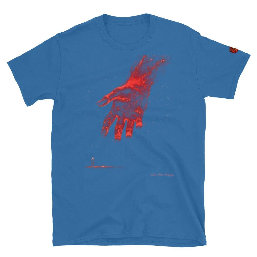 Reach Cinematic Art T-Shirt by Quinton Stocton Photography: red hand reaching toward a figure on blue shirt.