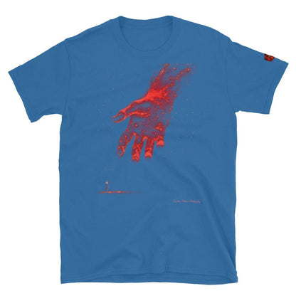 Reach Cinematic Art T-Shirt by Quinton Stocton Photography: red hand reaching toward a figure on blue shirt.