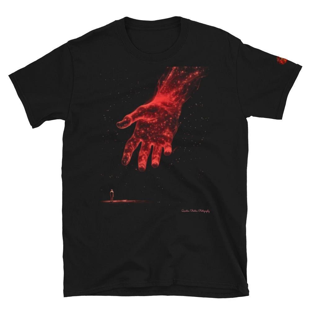 The Reach Cinematic Art T-Shirt by Quinton Stocton Photography: glowing red hand reaching toward a small figure.