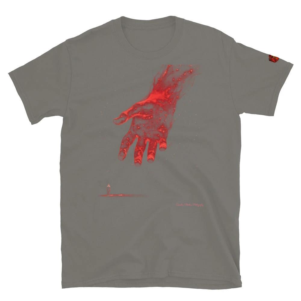 The Reach Cinematic Art T-Shirt by Quinton Stocton Photography shows a glowing red hand reaching downward on a shirt.