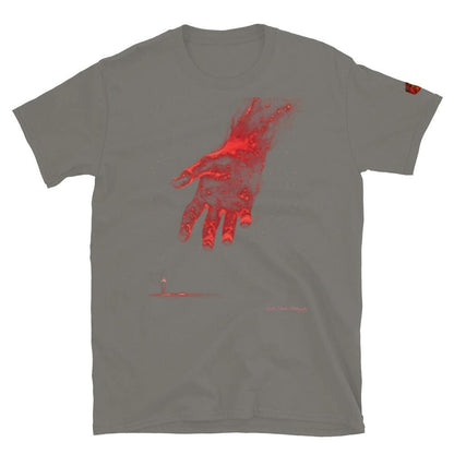 The Reach Cinematic Art T-Shirt by Quinton Stocton Photography shows a glowing red hand reaching downward on a shirt.