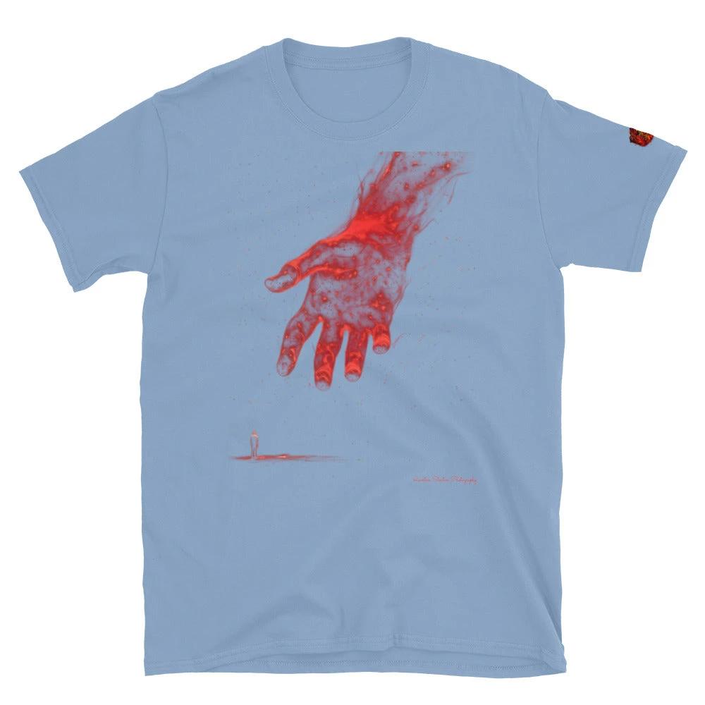 The Reach Cinematic Art T-Shirt by Quinton Stocton Photography: red glowing hand reaching on light blue fabric.