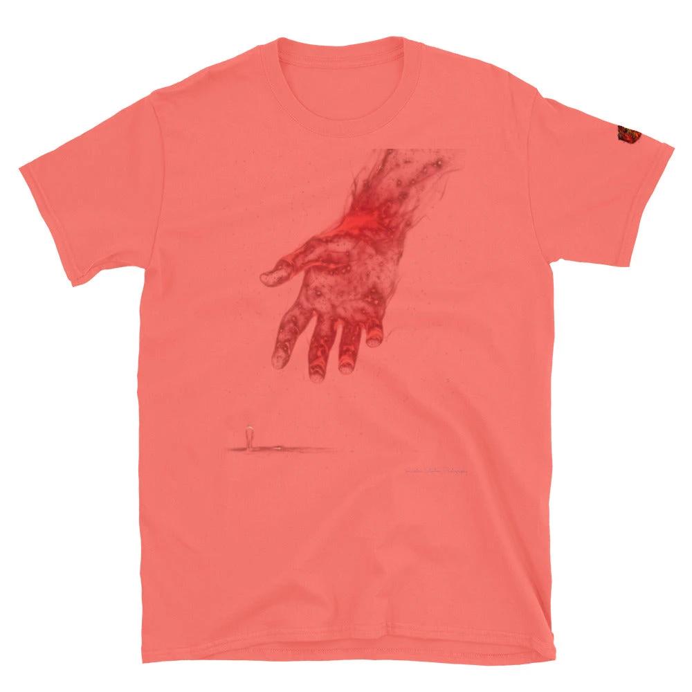 The Reach Cinematic Art T-Shirt by Quinton Stocton Photography featuring a red hand graphic on pink fabric.