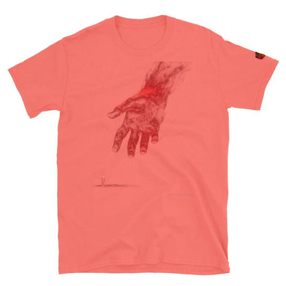 The Reach Cinematic Art T-Shirt by Quinton Stocton Photography featuring a red hand graphic on pink fabric.