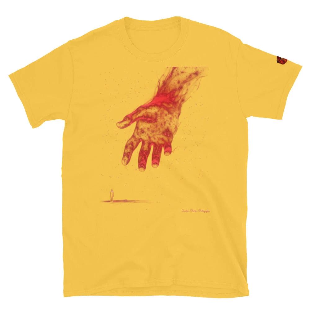Yellow Reach Cinematic Art T‑Shirt by Quinton Stocton Photography featuring a red hand reaching toward a lone figure.