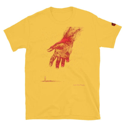 Yellow Reach Cinematic Art T‑Shirt by Quinton Stocton Photography featuring a red hand reaching toward a lone figure.