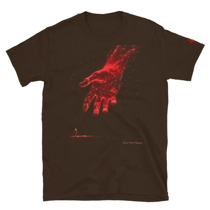 The Reach Cinematic Art T-Shirt features a glowing red hand reaching toward a lone figure under a starry backdrop.