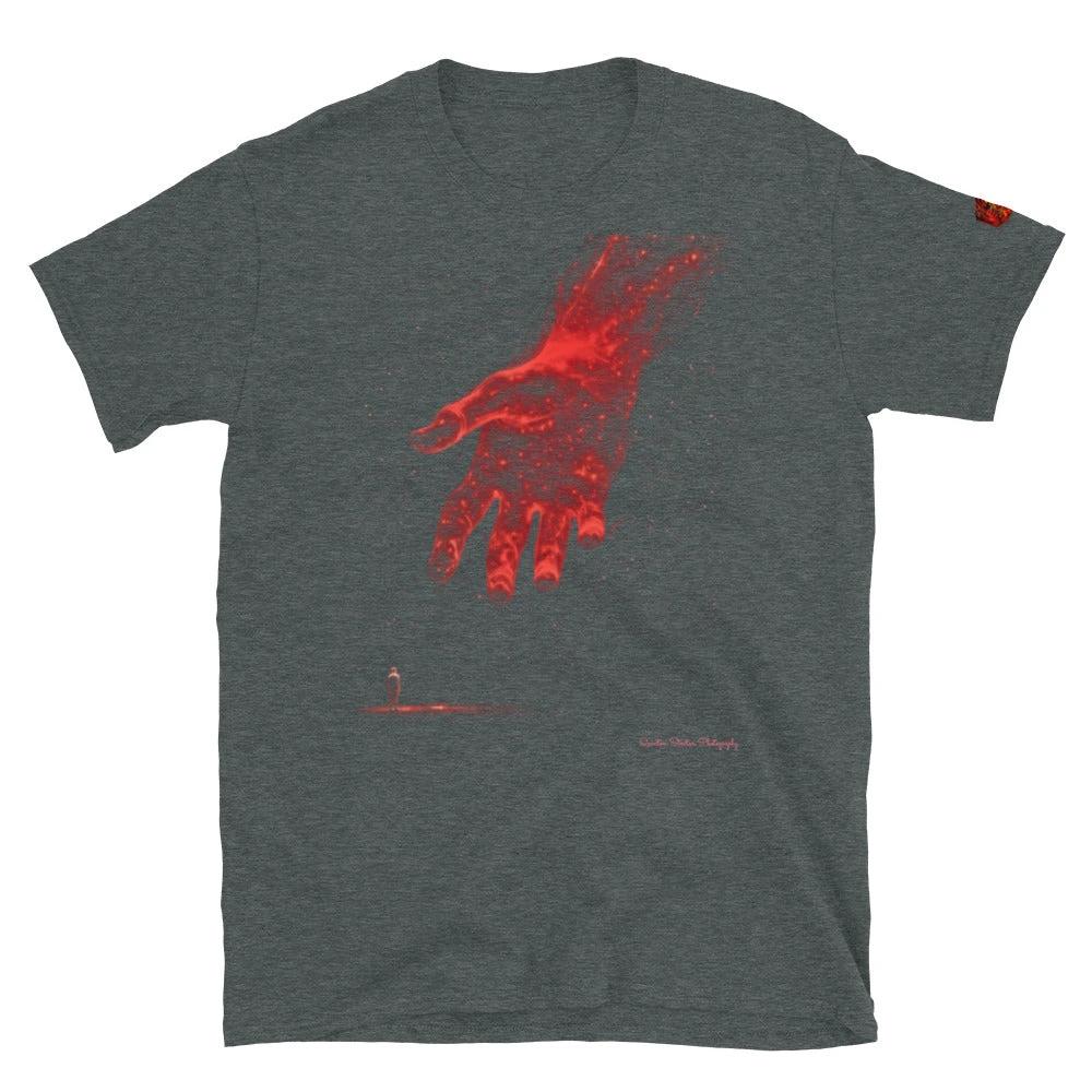 The Reach Cinematic Art T-Shirt features a glowing red hand reaching toward a distant figure.