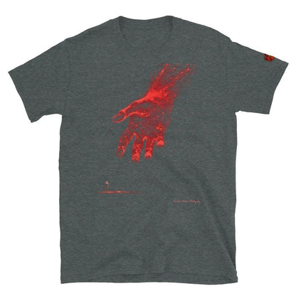 The Reach Cinematic Art T-Shirt features a glowing red hand reaching toward a distant figure.