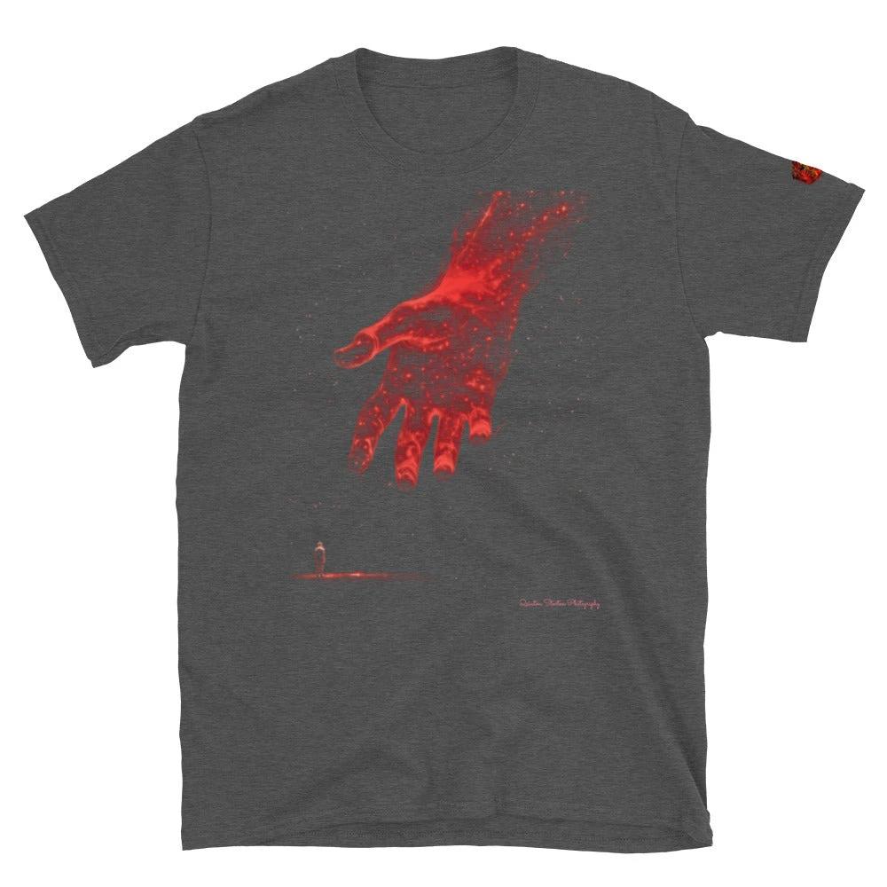 Reach Cinematic Art T-Shirt by Quinton Stocton Photography: dark tee with a glowing red hand reaching toward figure.
